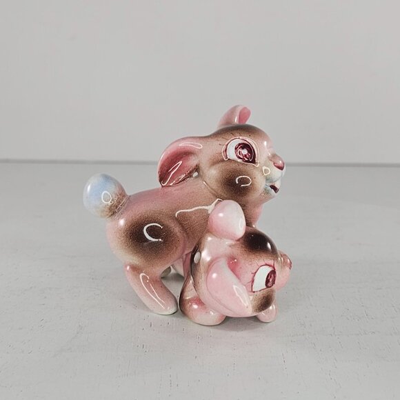Vintage Pink Bunny Rabbit Salt Pepper Shaker Set Figurines Ceramic Japan *Repair - Picture 3 of 12